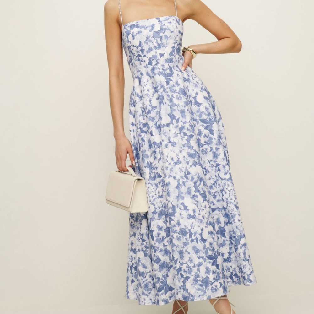 Reformation Monette Linen Dress in Larkspur color